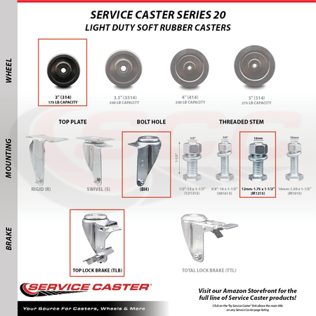 Service Caster 3 Inch SS Soft Rubber Wheel Swivel 12mm Threaded Stem Caster Set Brake SCC SCC-SSTS20S314-SRS-TLB-M1215-4
